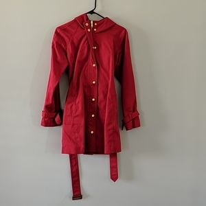 Red trench coat with gold buttons